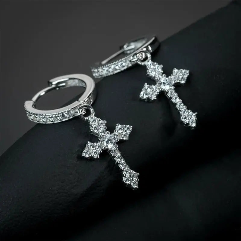 Classic Cross Point-Drill Crystal Earrings - White Hip Hop Party Jewelry