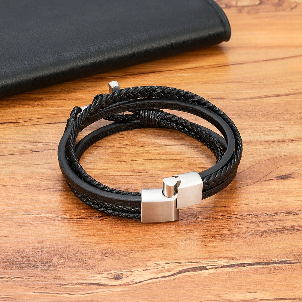 Men's Cross Leather Bracelet - Stainless Steel Magnetic Clasp