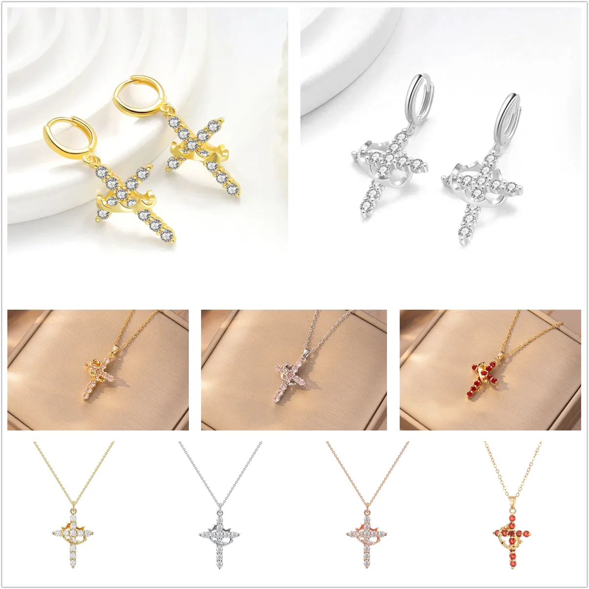 Rotatable Crown Rhinestone Cross Choker Necklace Set - Christian Jewelry Gift