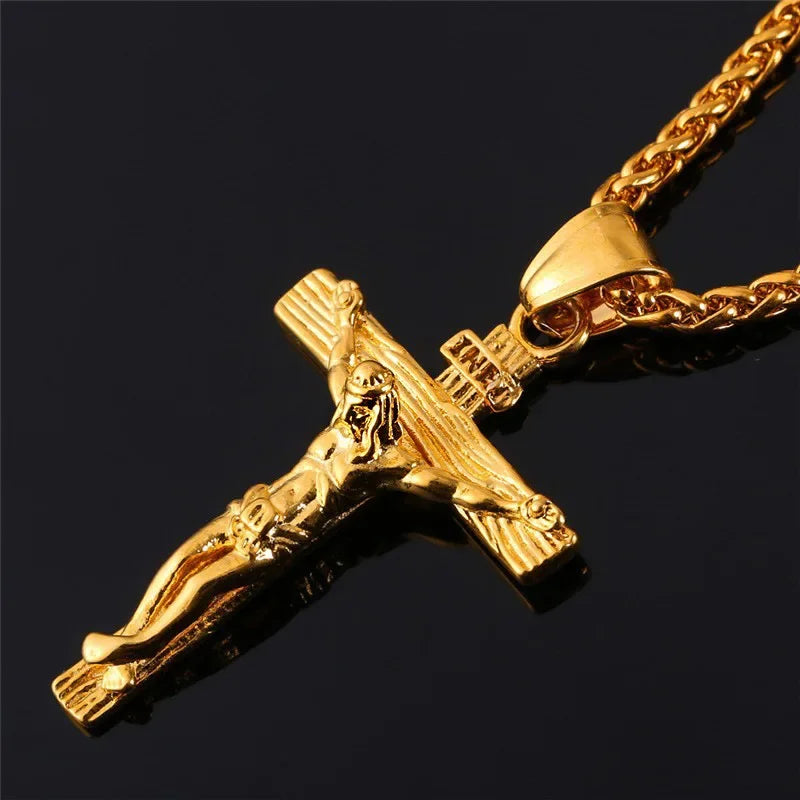 Religious Jesus Cross Necklace - Gold Color Pendant Chain Jewelry for Men and Women