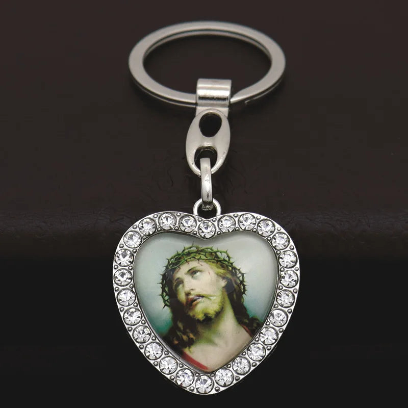 Crystal Heart Cross Jesus Keychain - Rhinestone Crucifix Key Chain
