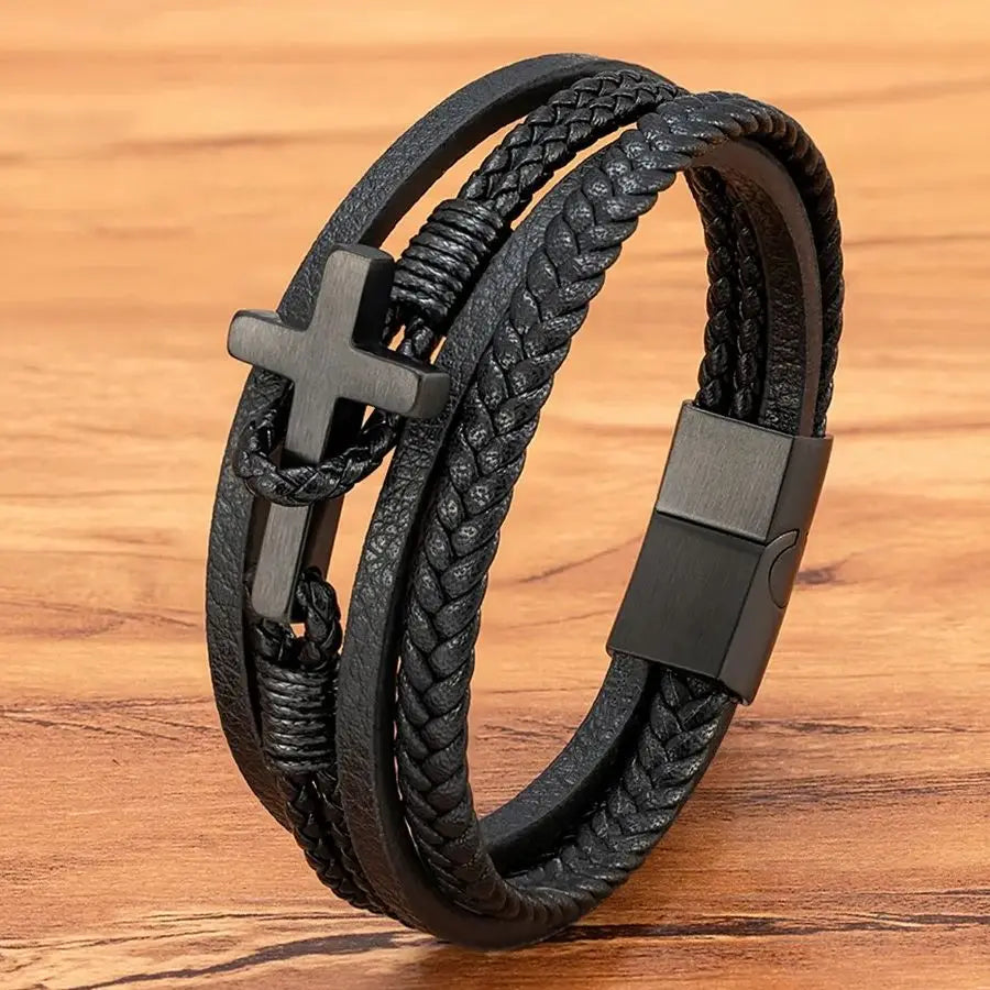 Men's Cross Leather Bracelet - Stainless Steel Magnetic Clasp