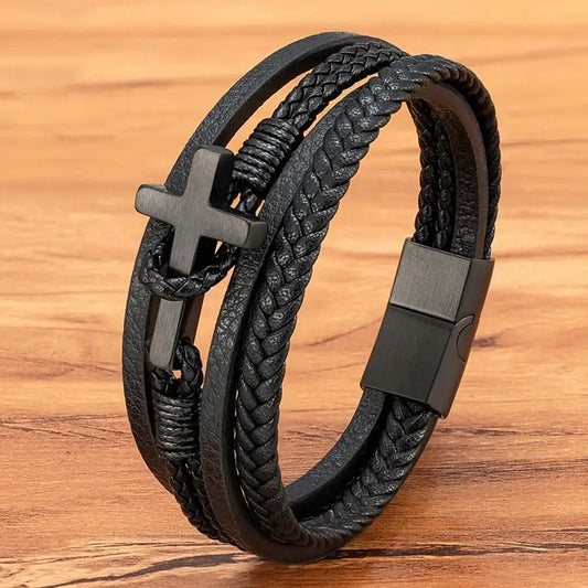 Men's Cross Leather Bracelet - Stainless Steel Magnetic Clasp