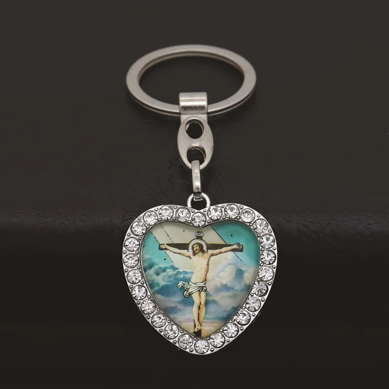 Crystal Heart Cross Jesus Keychain - Rhinestone Crucifix Key Chain