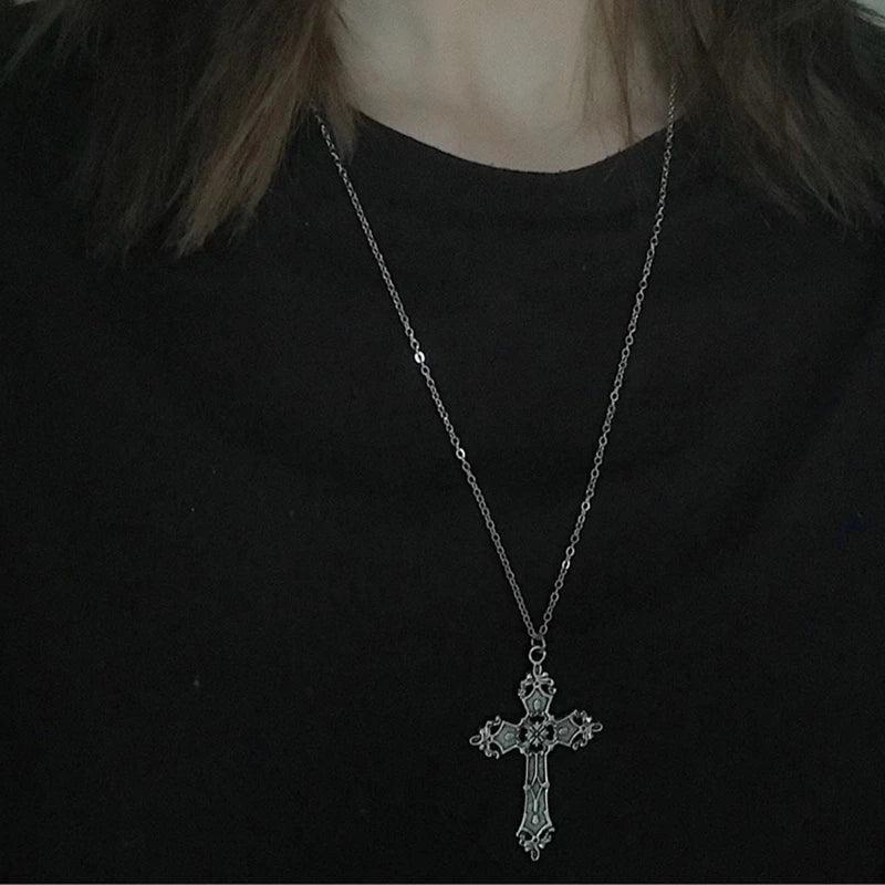 Vintage Gothic Cross Necklace for Women - Christian Punk Jewelry Long Chain Choker