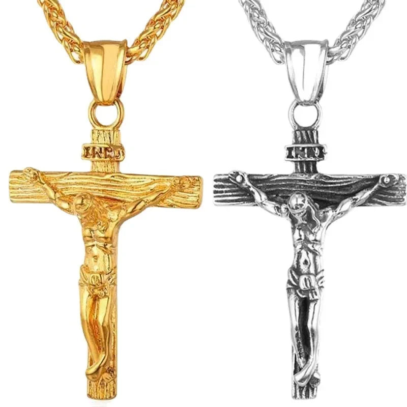 Religious Jesus Cross Necklace - Gold Color Pendant Chain Jewelry for Men and Women