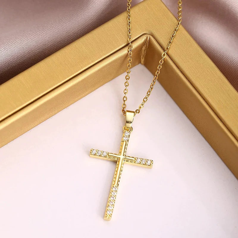 Premium Zircon Cross Pendant Necklace - Stainless Steel Jewelry for Men & Women