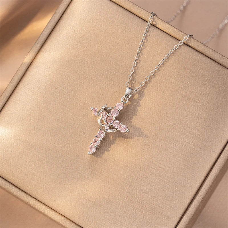 Rotatable Crown Rhinestone Cross Choker Necklace Set - Christian Jewelry Gift